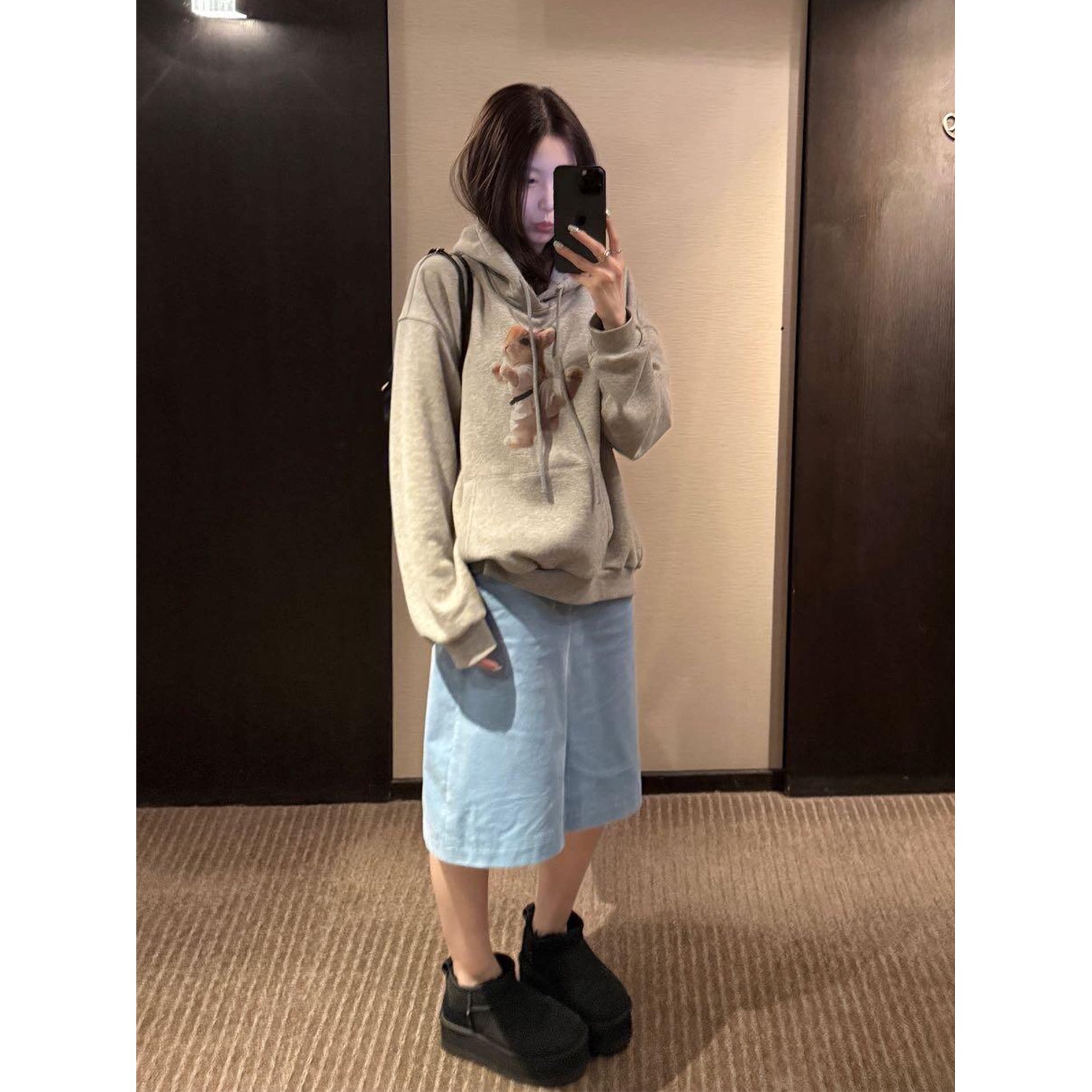 韩系设计感印花连帽卫衣马甲外套女秋季蓝色半身裙套装