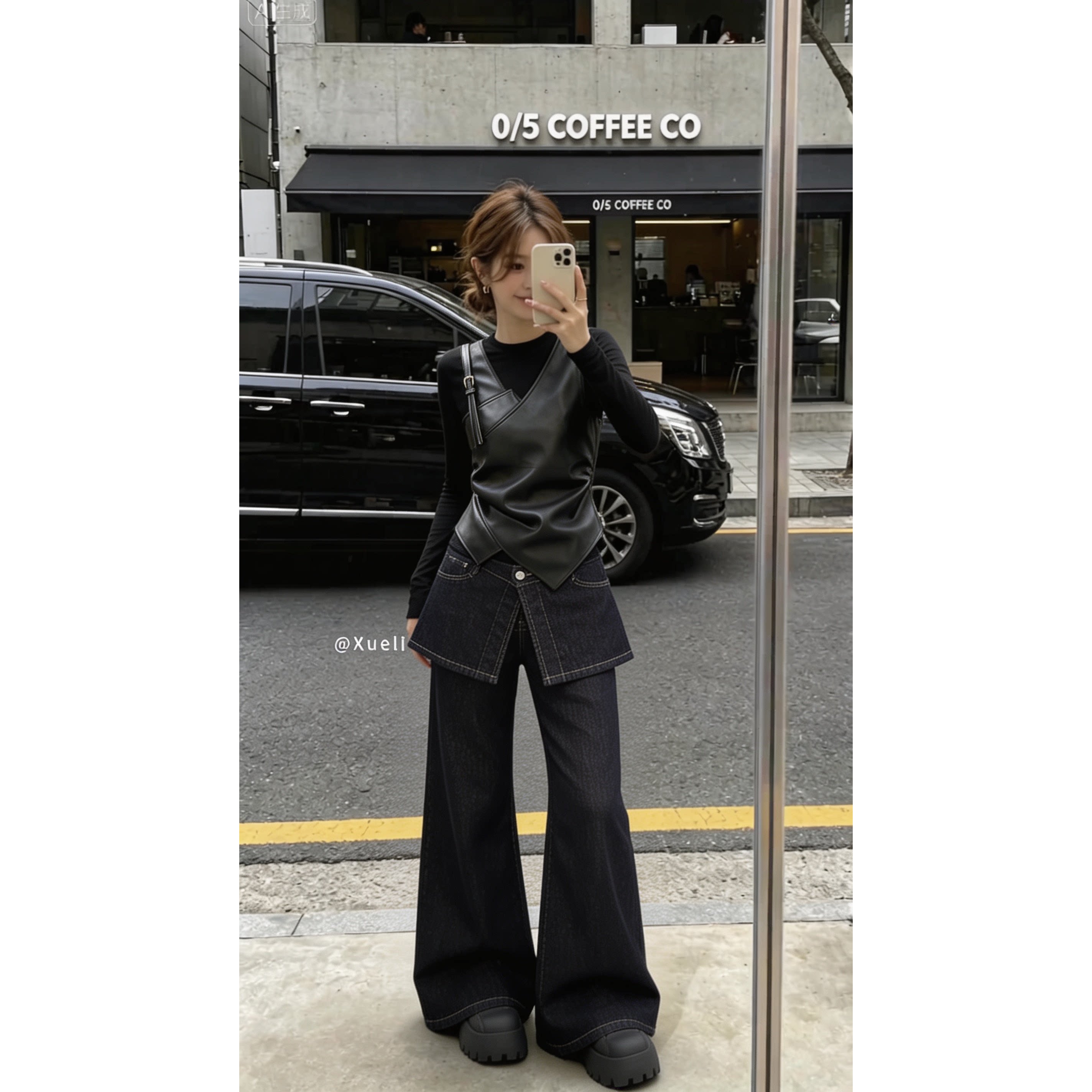 MARIE.COCO早秋韩系设计拼接假两件长袖T恤女装搭高腰牛仔裤套装
