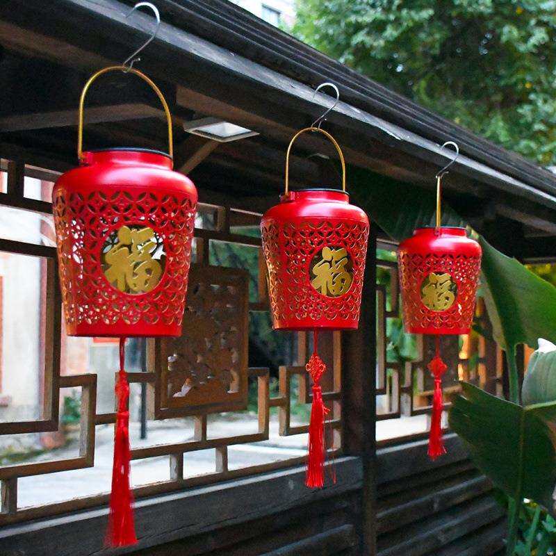 户外春节装饰太阳能庭院灯红色喜庆防水挂灯家用福字新年大红灯笼