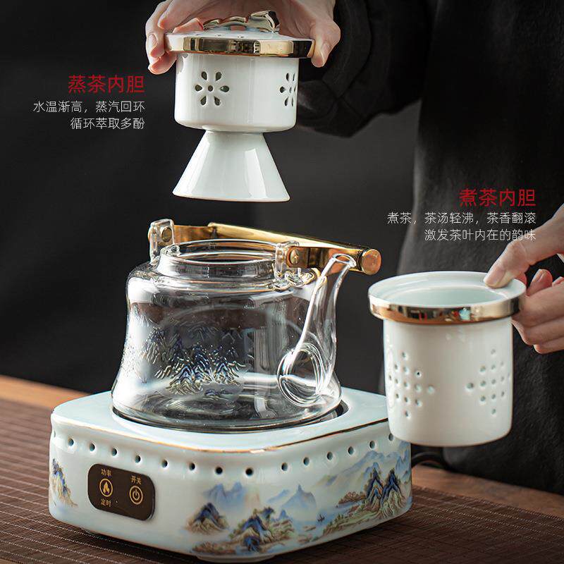 提梁烧水壶茶壶养生壶千里江山电陶炉玻璃煮茶壶茶器家用茶道配件