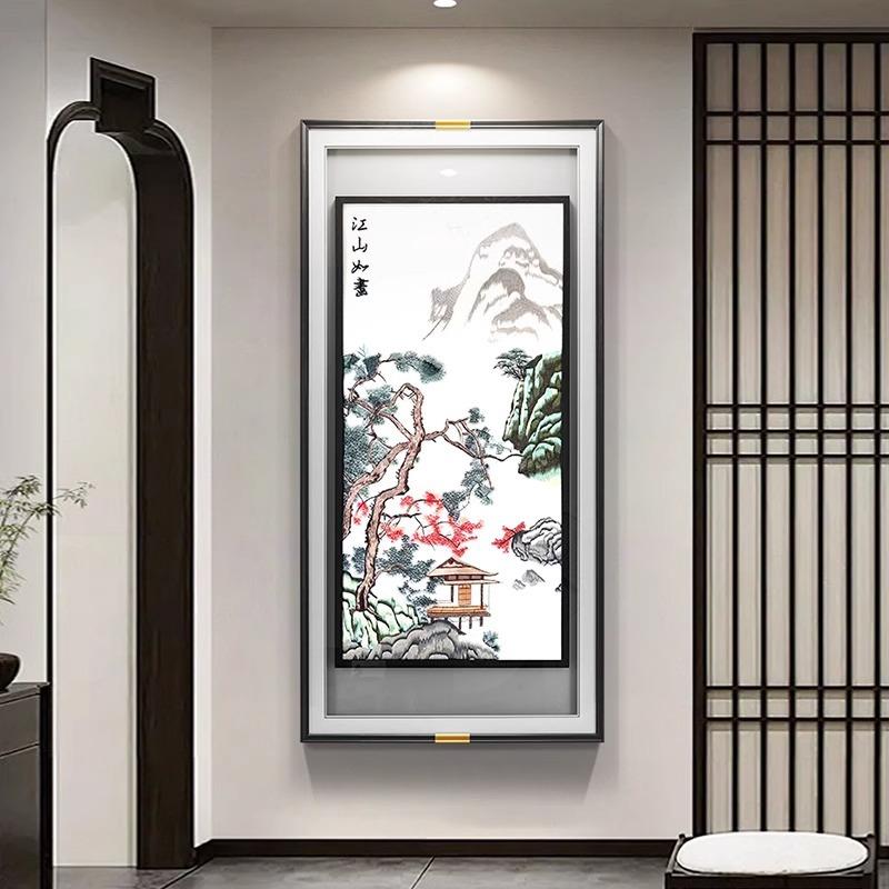 新中式玄关装饰画江山如画高档大气苏绣山水挂画走廊过道刺绣壁画