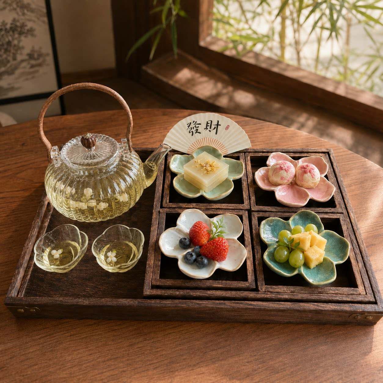 中式花瓣碟耐热玻璃茶器皿茶歇木托盘茶室美容院招待点心茶盘套餐