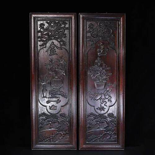 紫檀木四条屏实木刮画一套挂屏屏风客厅墙壁壁画新中式古风