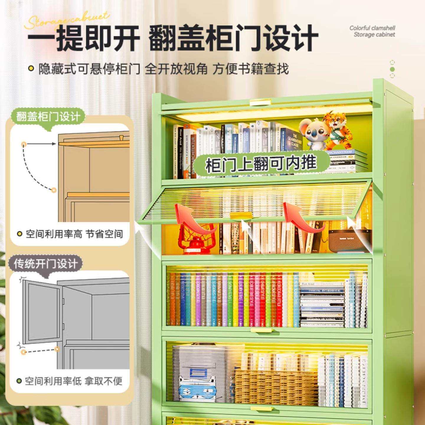 防尘铁艺彩色家用书柜客厅卧室多层落地置物柜学生儿童书架收纳柜