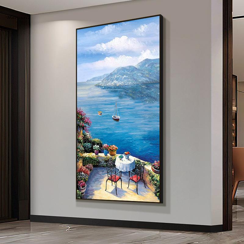 法式欧式玄关地中海手绘油画走廊过道风景客厅竖版挂画大海装饰画