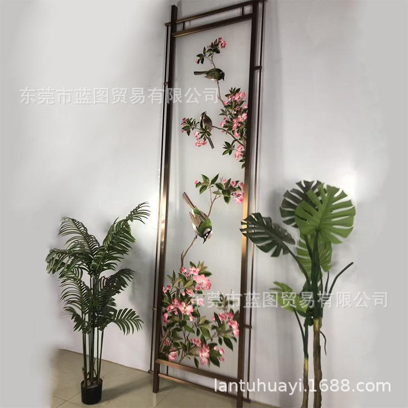 大幅半透明纱布画双面刺绣仿真丝隔断古画花鸟铝合金属不锈钢屏风