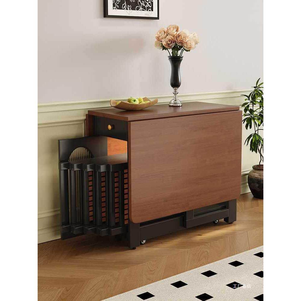 中古风实木折叠餐桌椅组合现代简约小户型带轮子可伸缩移动饭桌子