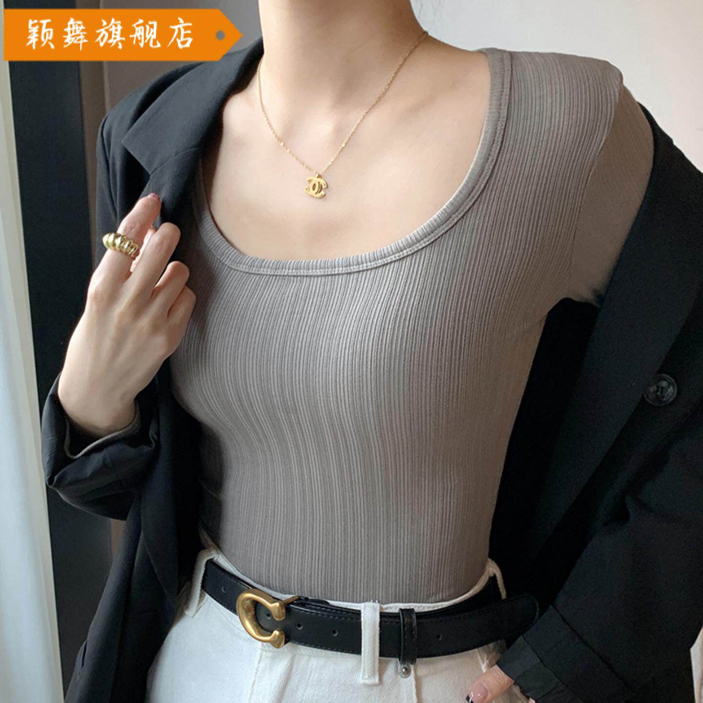 新款大领体恤衫女打底衫恤长袖上衣低领内搭修身女装春款爆