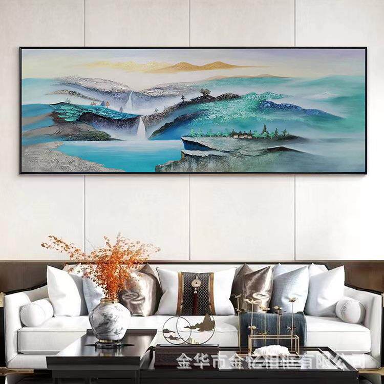 纯手绘聚宝盆新中式装饰画高档风景山水挂画客厅大尺寸横幅油画