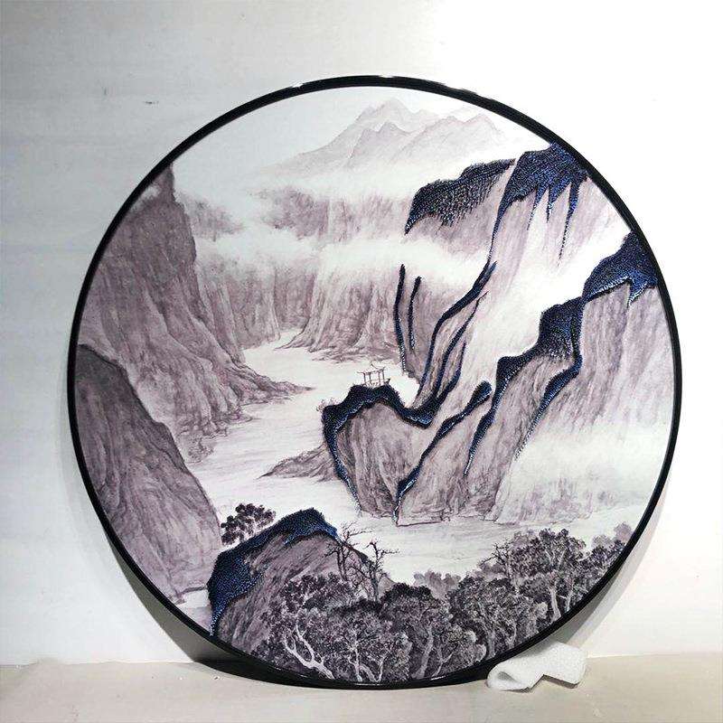 新中式客厅装饰画实物立体挂画圆形钉子画山水墙壁画样板间别墅画