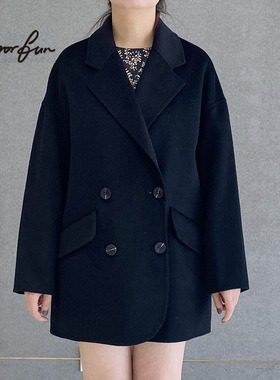 M/RROR FUN 简约翻领双排扣短款双面呢大衣毛呢外套女