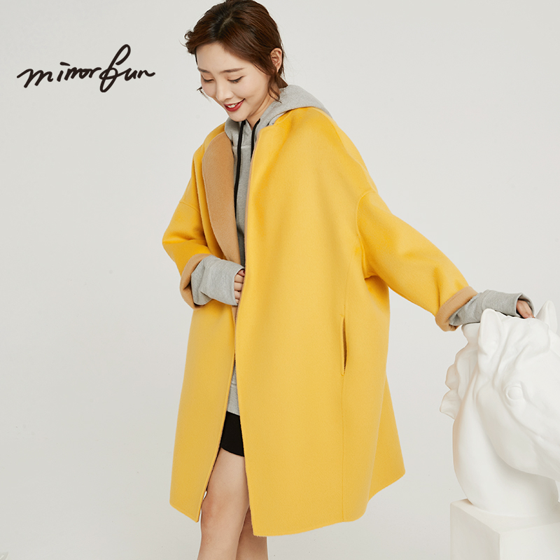 连肩袖宽松立领双面呢大衣