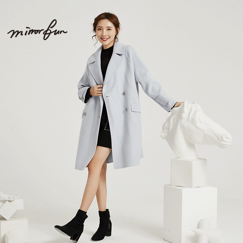 M/RRORFUN 冬装新款 双排扣翻领袖章宽松双面呢大衣毛呢外套