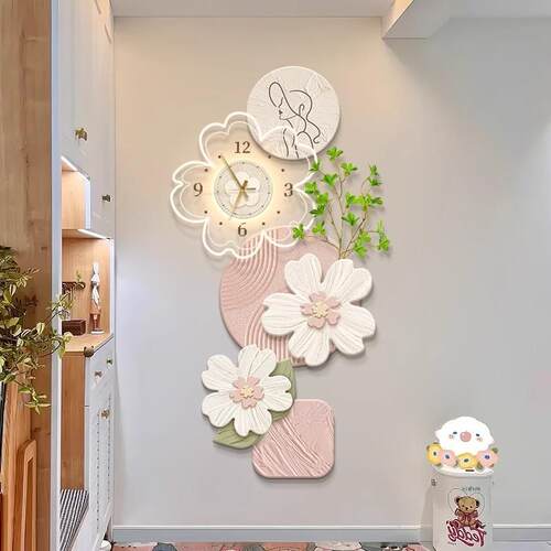 奶油风入户玄关装饰画带钟表走廊尽头挂画时钟北欧绿植过道墙壁画