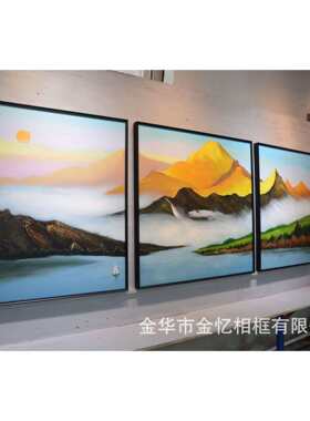 纯手绘日照金山聚宝盆花海丰收风水油画客厅三联风景装饰画新中式