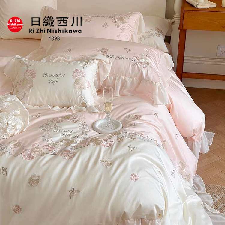 少女心纯棉100双股长绒棉四件套浪漫花卉刺绣被套全棉床上用品