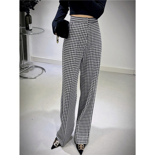 秋冬新款千鸟格裤子女高腰阔腿裤宽松显瘦直筒西装裤加绒休闲裤
