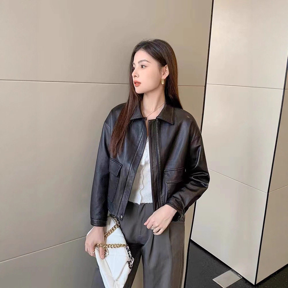 春秋新款真皮植鞣绵羊皮皮衣女装宽松休闲短款外套时尚百搭