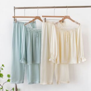 家居服套装 方领法式 真丝睡衣两件套女桑蚕丝公主风泡泡长袖 春夏款