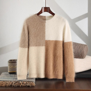 100纯山羊绒衫男士圆领加厚套头毛衣拉绒工艺秋冬款格子拼色提花