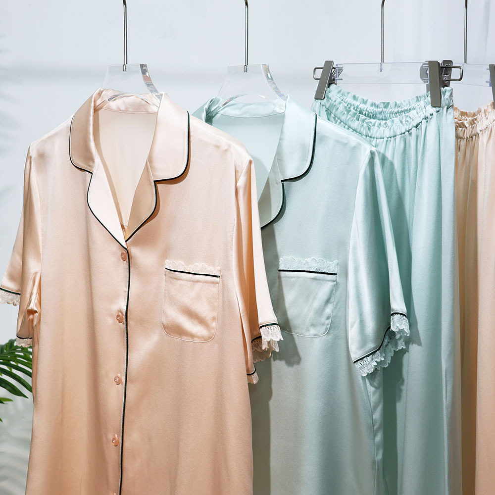 夏季新款重磅真丝睡衣女 简约舒适短袖长裤100桑蚕丝绸家居服套装