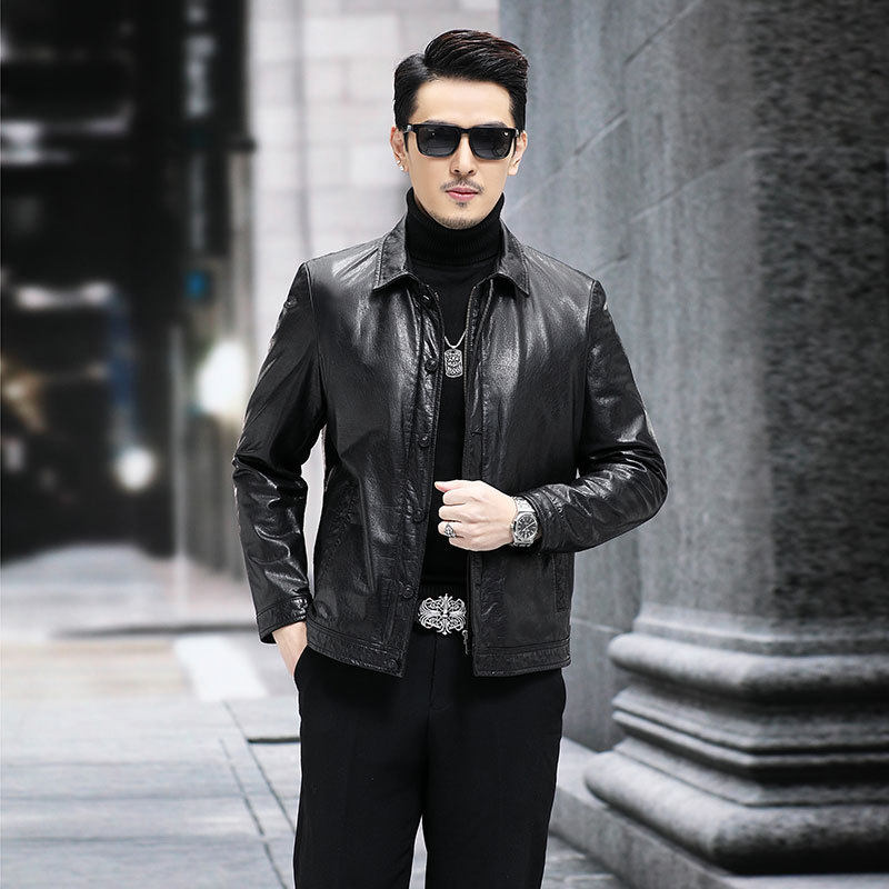 新款中年男士牛皮夹克翻领商务休闲秋冬季薄款单装真皮皮衣外套