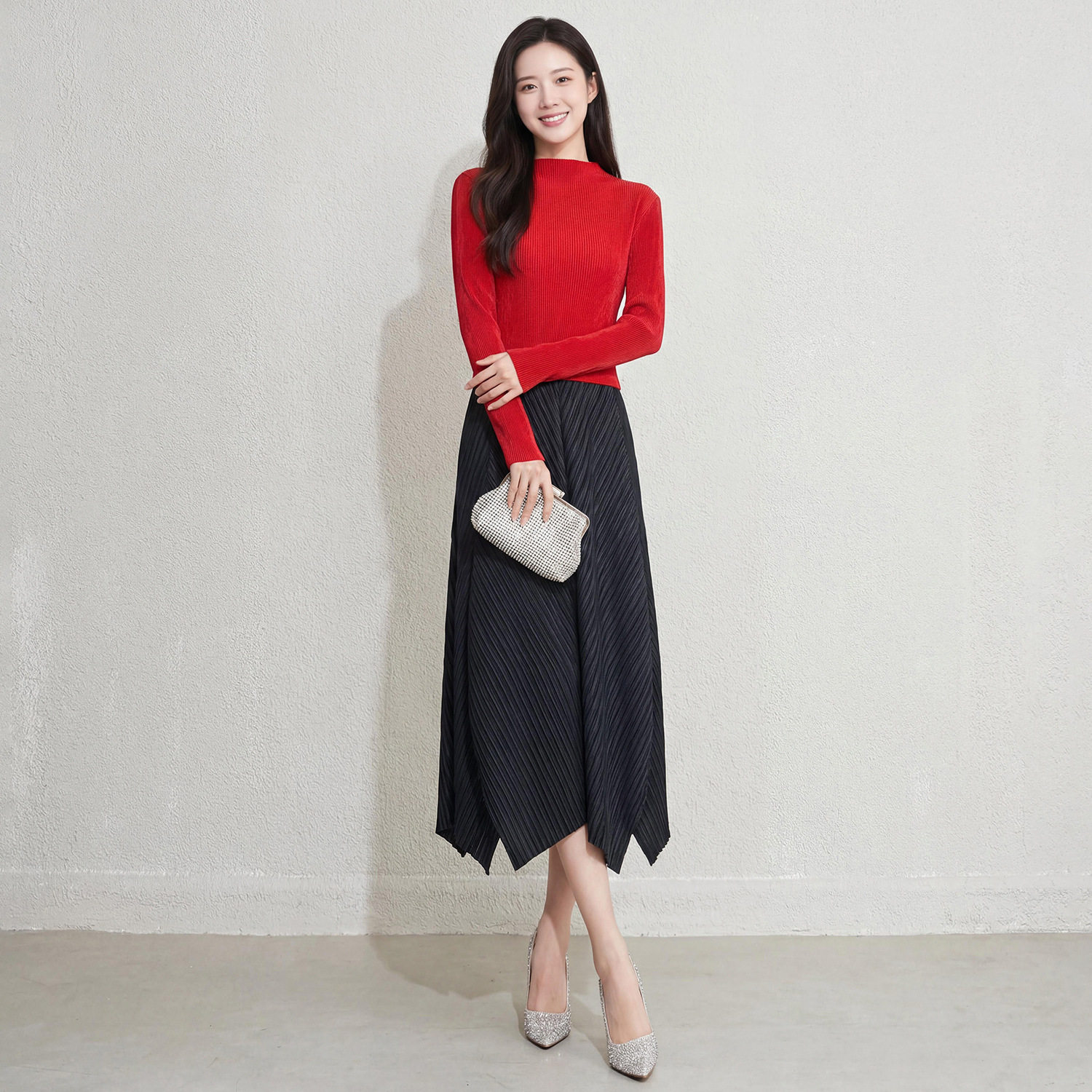 高级感撞色褶皱连衣裙女夏季新款气质宽松显瘦百搭高腰花瓣中长裙