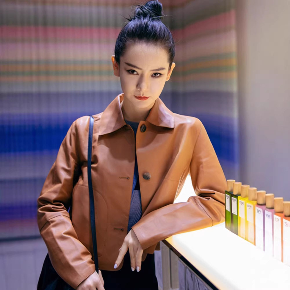 春季新款明星同款海宁真皮皮衣女短款绵羊皮修身夹克方领外套
