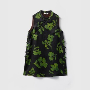 真丝香云纱花萝奥黛中长款上衣女100桑蚕丝国风盘扣真丝无袖小衫