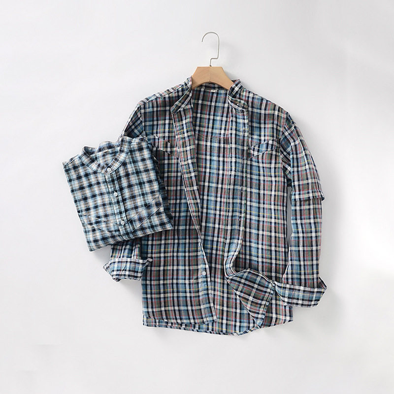 春夏新款 亚麻衬衫 商务通勤立领亚麻上衣  格子长袖衬衫D038