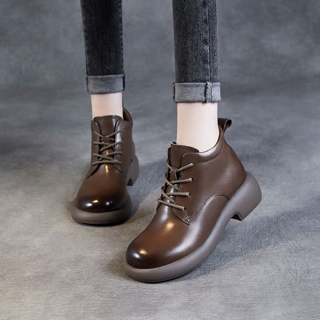 秋季新真皮马丁靴女圆头平底高帮复古单靴软底及踝靴系带短靴