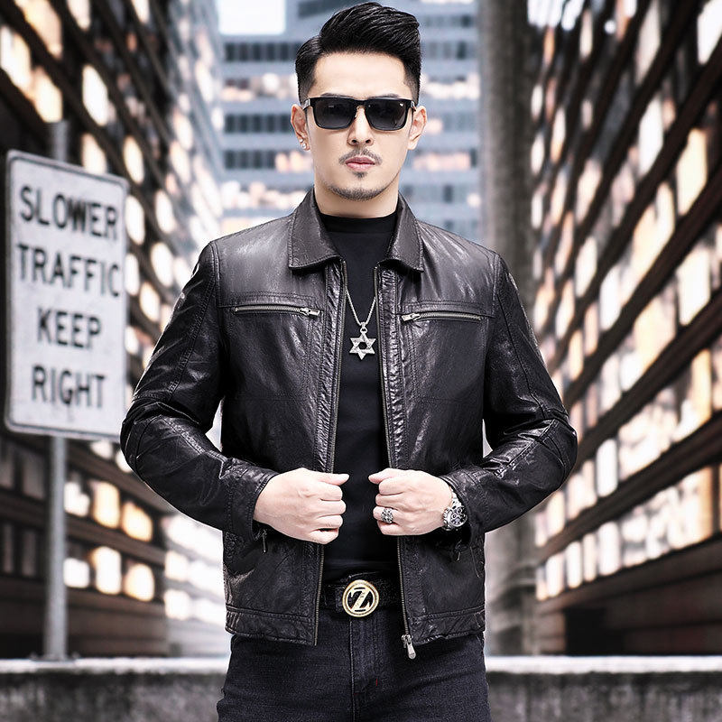 新款皮衣男山羊皮都市翻领薄款春秋装机车风海宁皮夹克单装外套