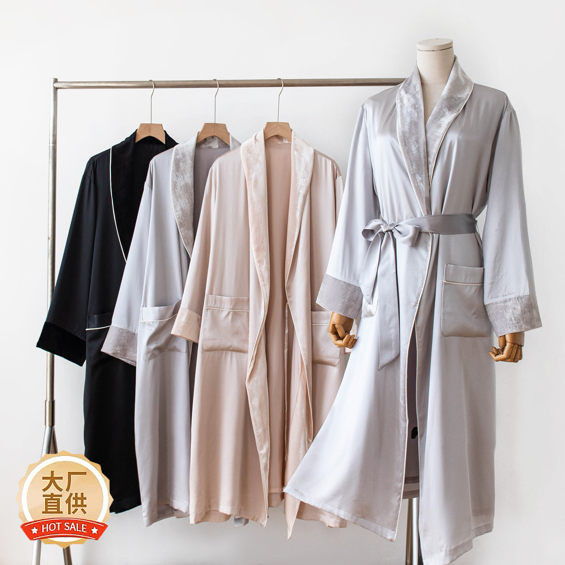 情侣重磅真丝拼接丝绒双层睡袍春秋款桑蚕丝高级感丝绸长袖男女款