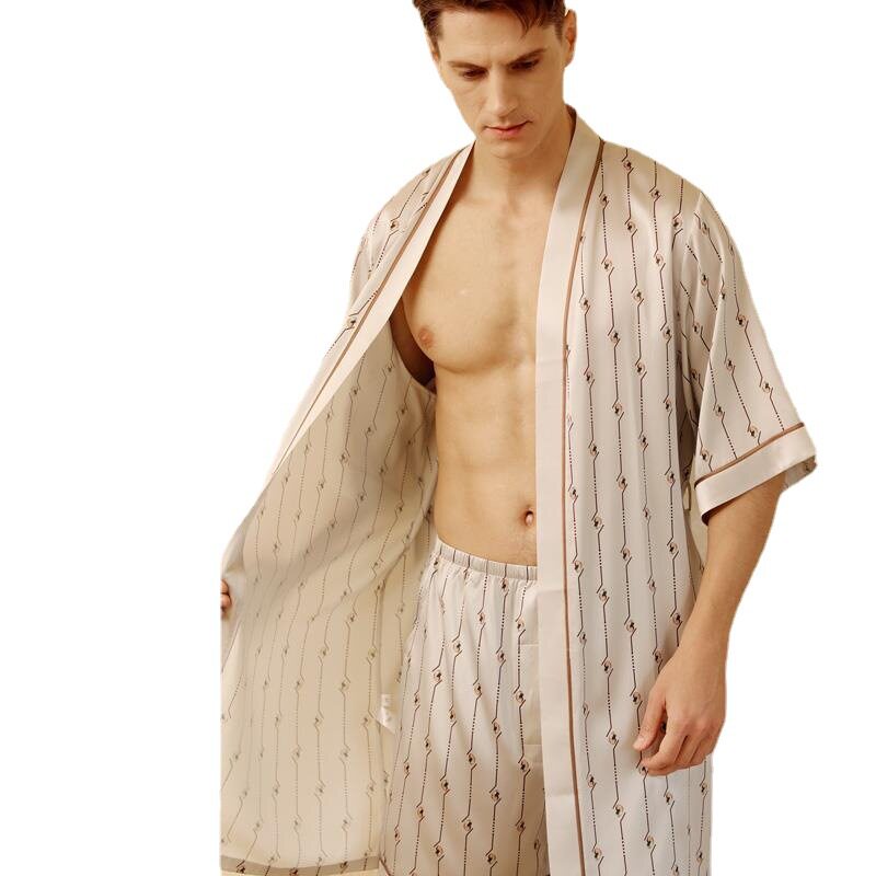 重磅男士真丝睡衣短袖套装细带睡袍大码宽松短袖浴袍桑蚕丝家居服