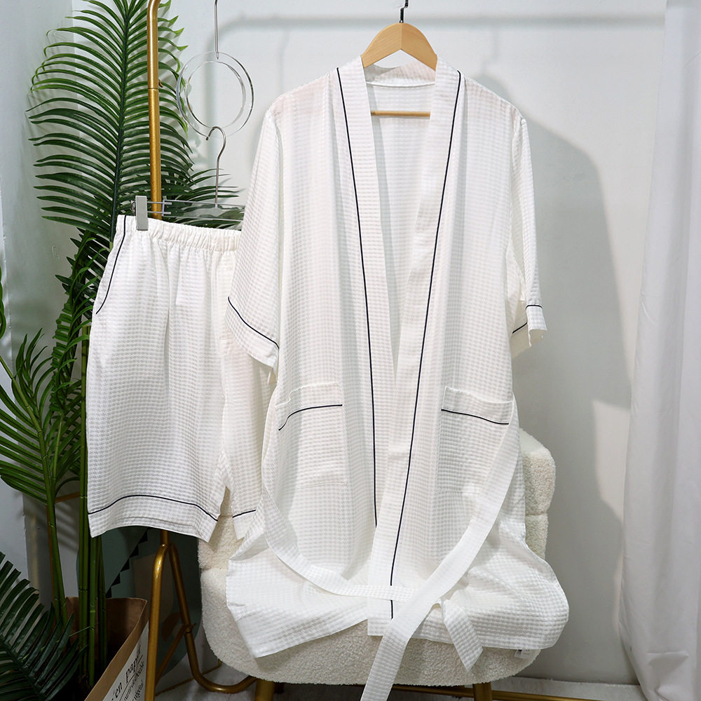 男士重磅桑蚕丝绸睡衣夏季短裤薄款白色高级感真丝睡袍浴袍家居服