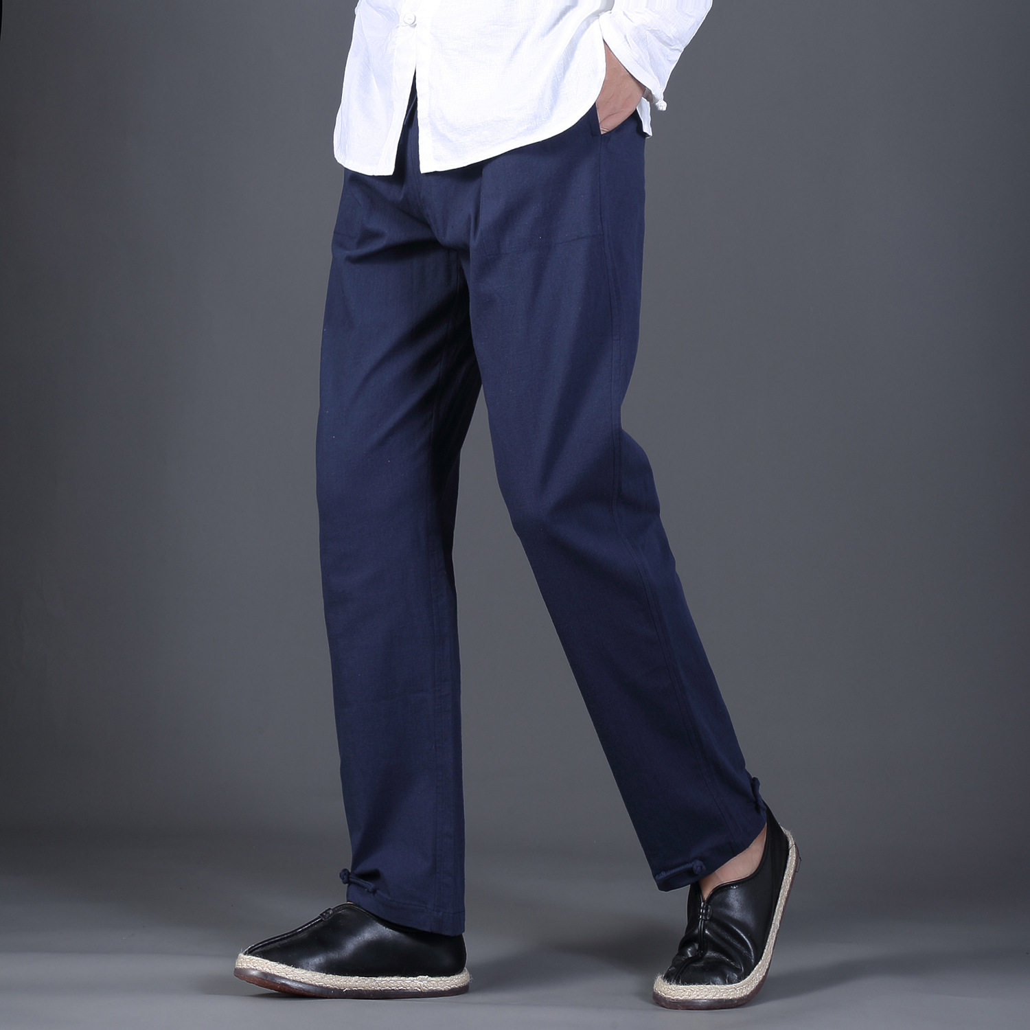 弹力棉麻长裤春秋新款休闲宽松男裤手工盘扣茶服禅修束脚直筒两穿