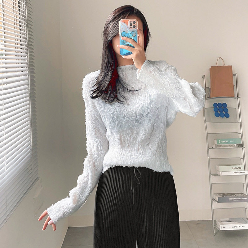 三宅打底衫女内搭秋冬2025年新款褶皱女装加绒长袖t恤上衣百搭