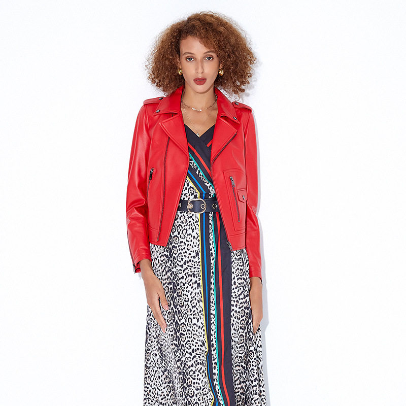 春季新款海宁绵羊皮红色真皮皮衣女短款机车服皮夹克小皮衣外套