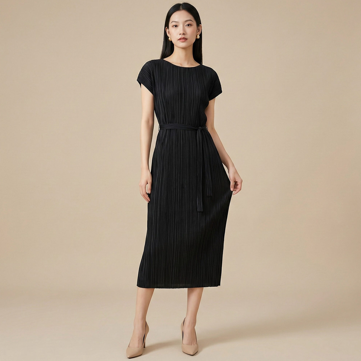 三宅风压褶无袖连衣裙女2026夏季新款极简职场通勤短袖修身中长裙