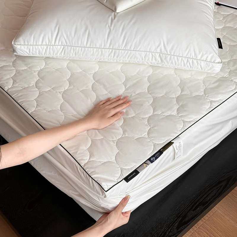 A类60支夹棉全棉床笠加高绗缝加厚纯棉床套席梦思保护套白色床罩+