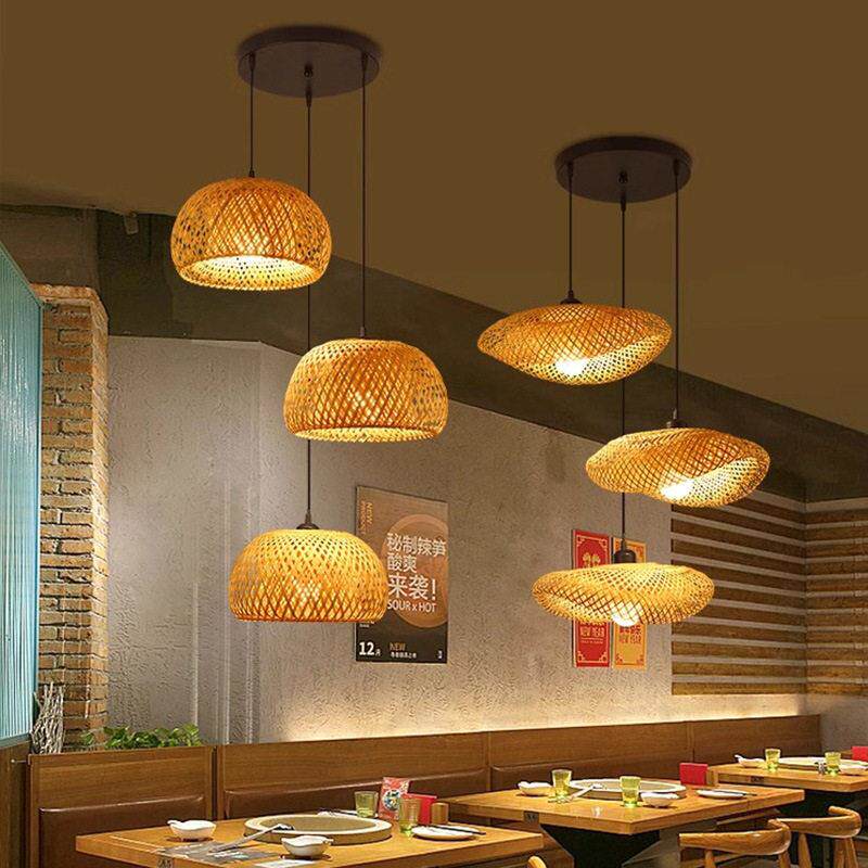 竹编藤编复古三头吊灯复古创意餐厅卧室民宿酒店茶室手工编织灯具