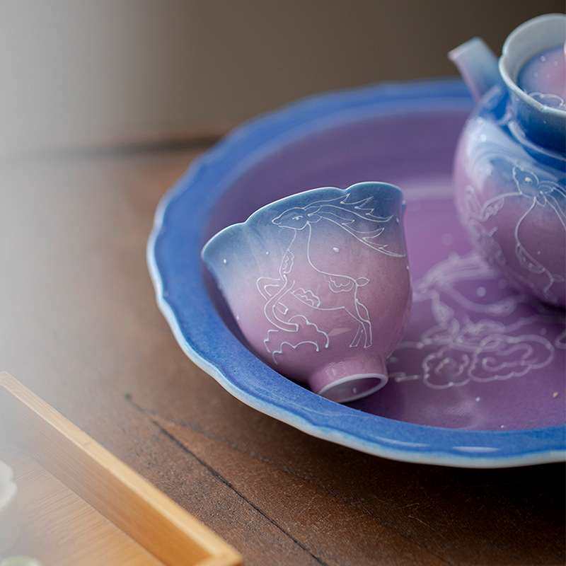 墨己梦幻紫渐变花口茶杯手绘鹿踏祥云喝茶单杯陶瓷品茗杯小号家用