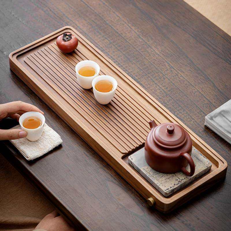 胡桃木国画石池韵竹石茶盘 实木储水排水两用一体茶台托盘干泡盘