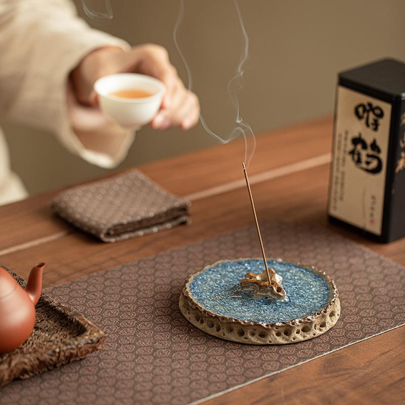 老岩泥手工蓝结晶太湖石香插线香插盖置茶桌摆件装饰品陶瓷茶配件