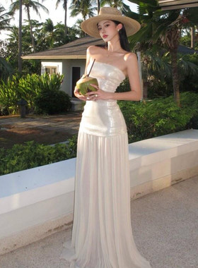 法式高级感亮片拼接抹胸洋装女气质收腰显瘦海边度假风拖地长裙