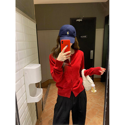 本命新年红色针织开衫毛