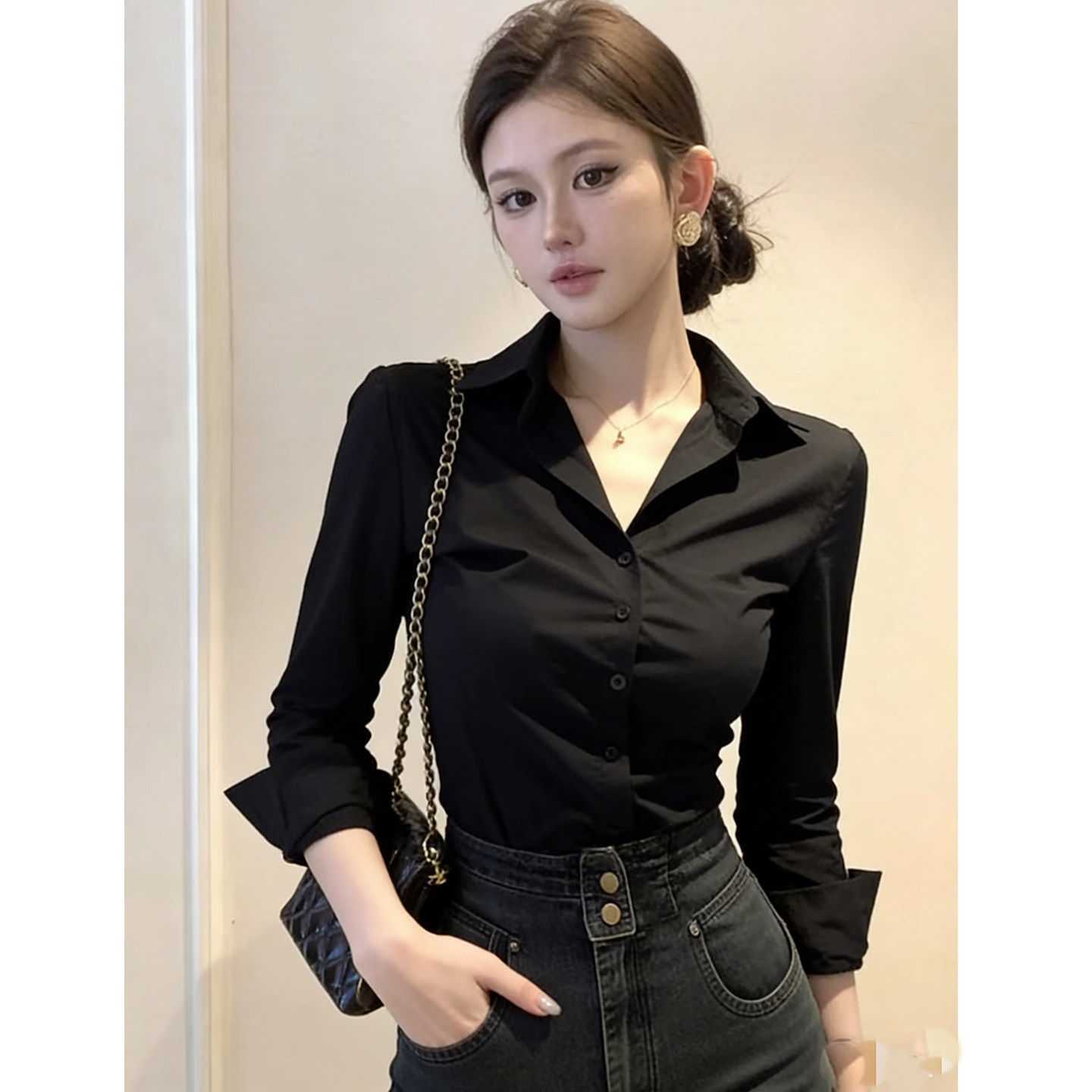 显瘦内搭通勤职业装上衣法式高级感黑色polo领长袖纽扣衬衫女修身