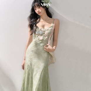 溺水三鱼NSSY海边度假绿色洋装 宴会生日长裙 女夏仙气千金修身