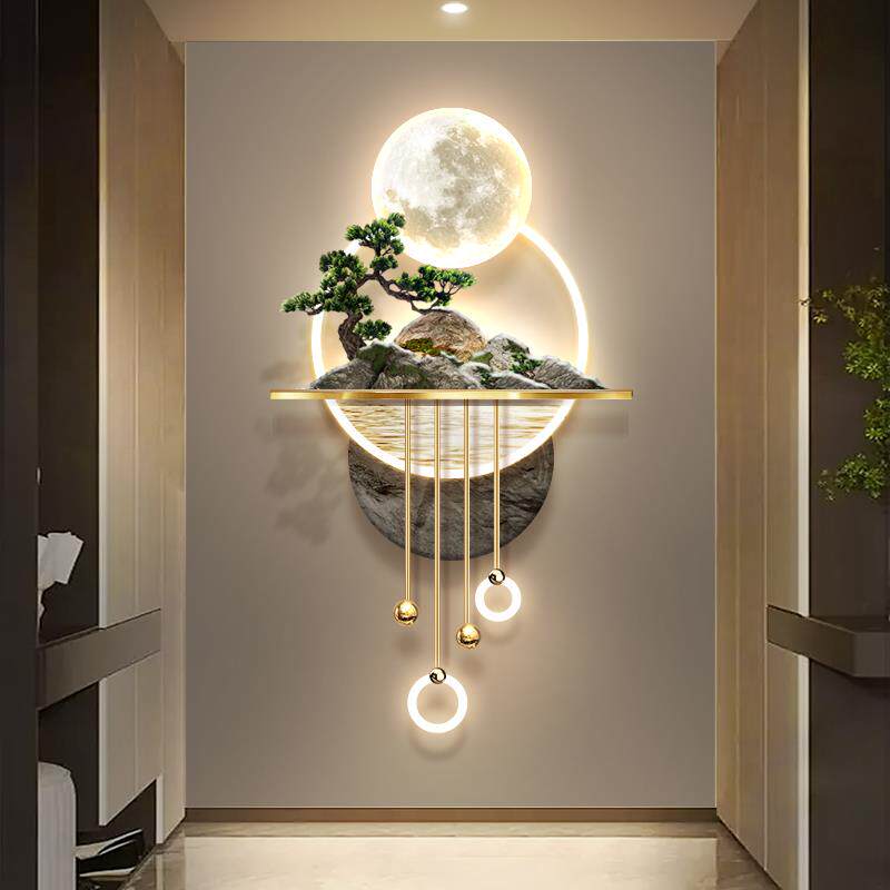 3d立体浮雕玄关装饰画流水生财走廊尽头迎客松山水挂画led壁画灯