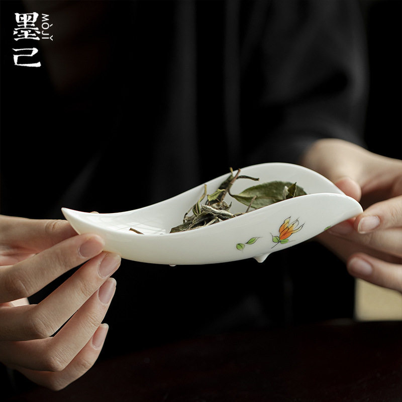 唐宋玉泥白瓷手绘佛手茶则茶道配件陶瓷茶荷家用醒茶观茶摆件茶则